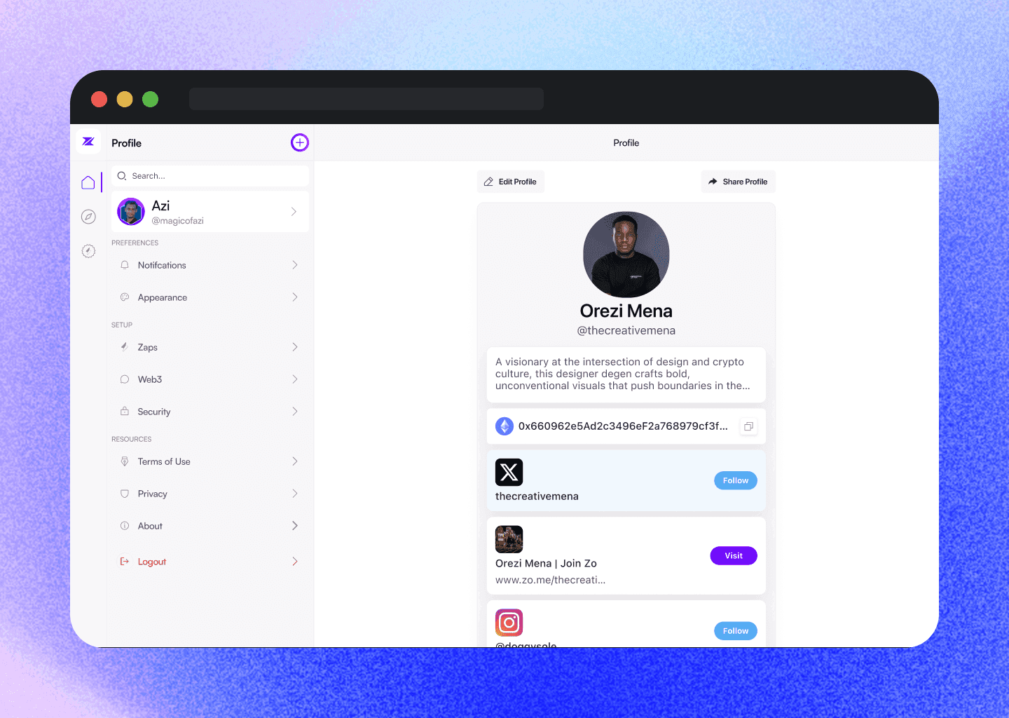 Zo profiles as identity hubs combining Web2 and Web3 presence