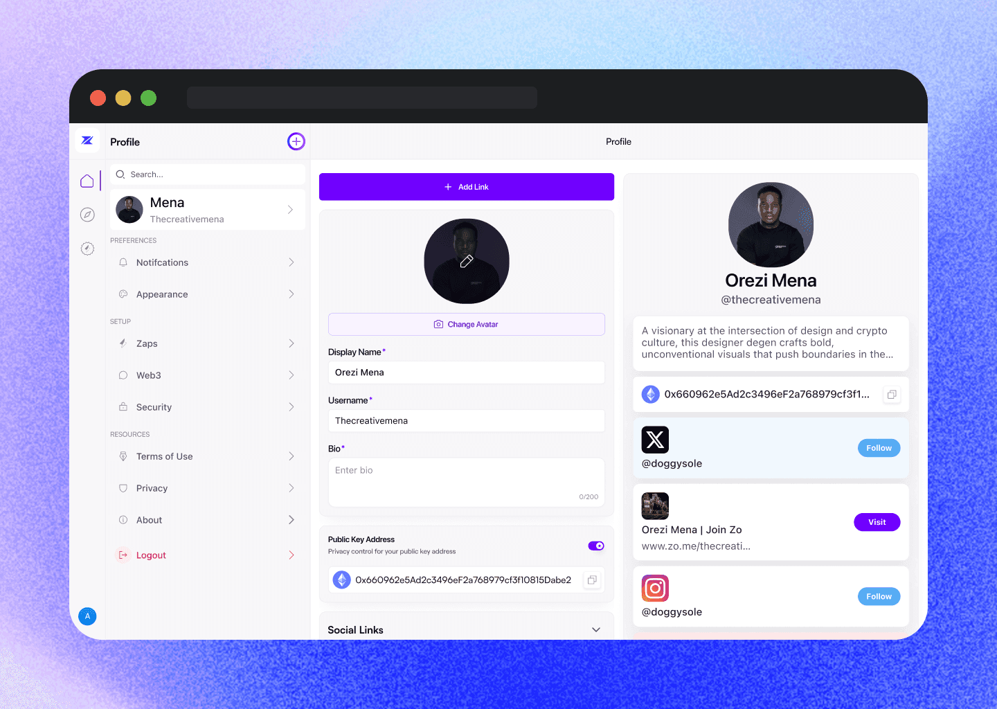 A profile showcasing NFTs, socials, and installed agents