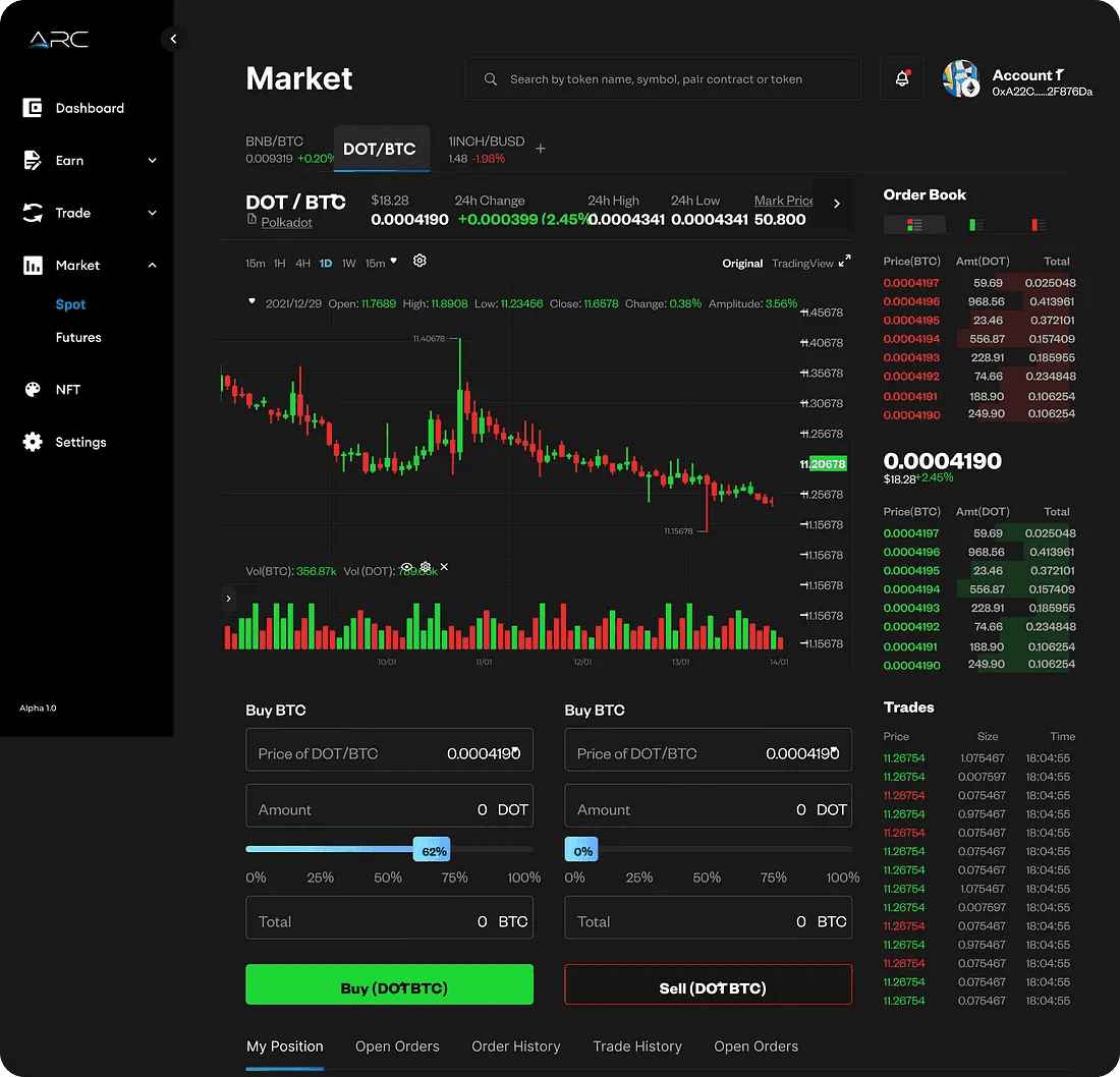Arc trade — spot and futures via aggregated DEX liquidity