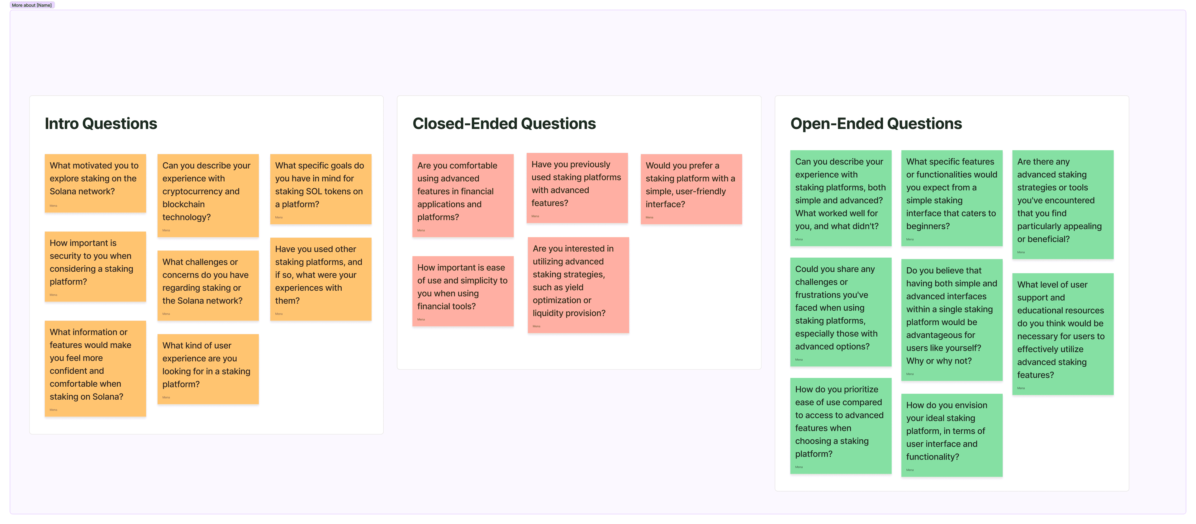 Interview question board — intro, closed and open-ended questions